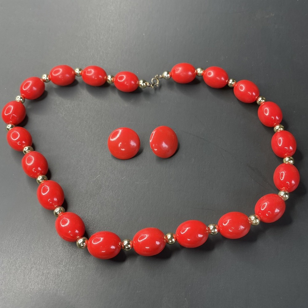 80's/90's Unsigned Red & Gold Lightweight Plastic Beaded Necklace & Earrings